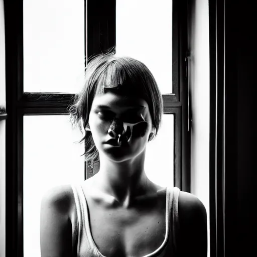 Prompt: black and white photography of highly detailed beautiful depressed Woman with detailed face in the heroine chique style standing by the window, vintage, natural light, sigma 24 f2.8