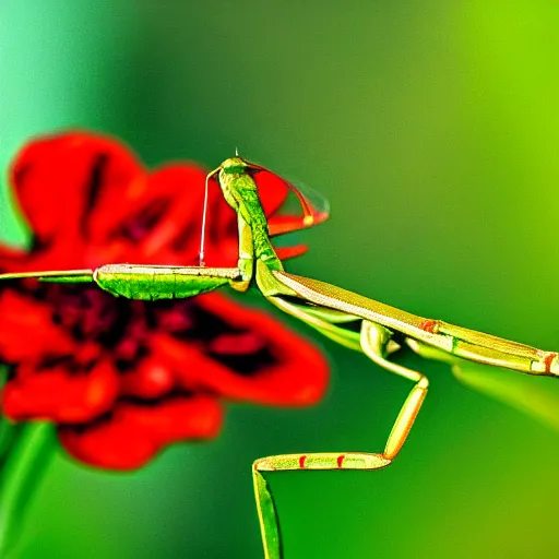 Prompt: macro praying mantis, detailed, floral, dreamy, colorful