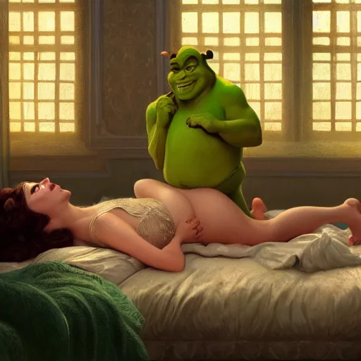 Prompt: Shrek lying on the bed in sleepwear, medium shot, intricate, elegant, highly detailed, digital painting, volumetric light, artstation, concept art, smooth, sharp focus, illustration, art by Gil Elvgren and Greg Rutkowski and Alphonse Mucha, 8K