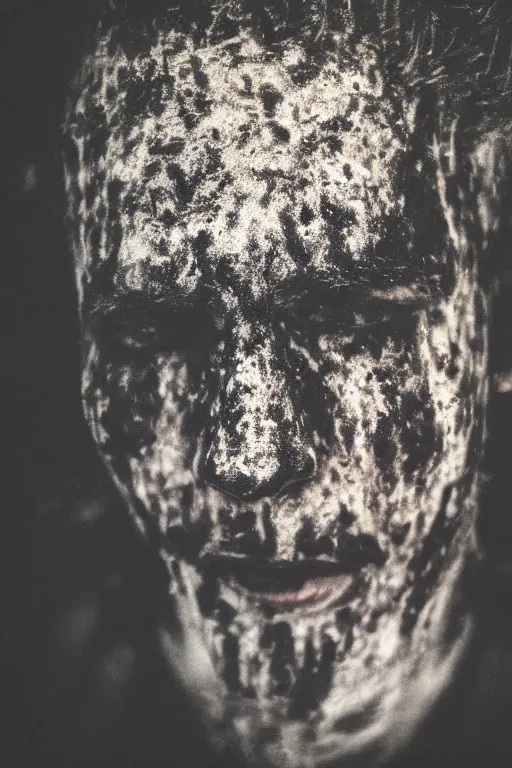 Prompt: close up portrait kodak ultramax 4 0 0 photograph of a guy covered in drinking black paint, grain, faded effect, vintage aesthetic,