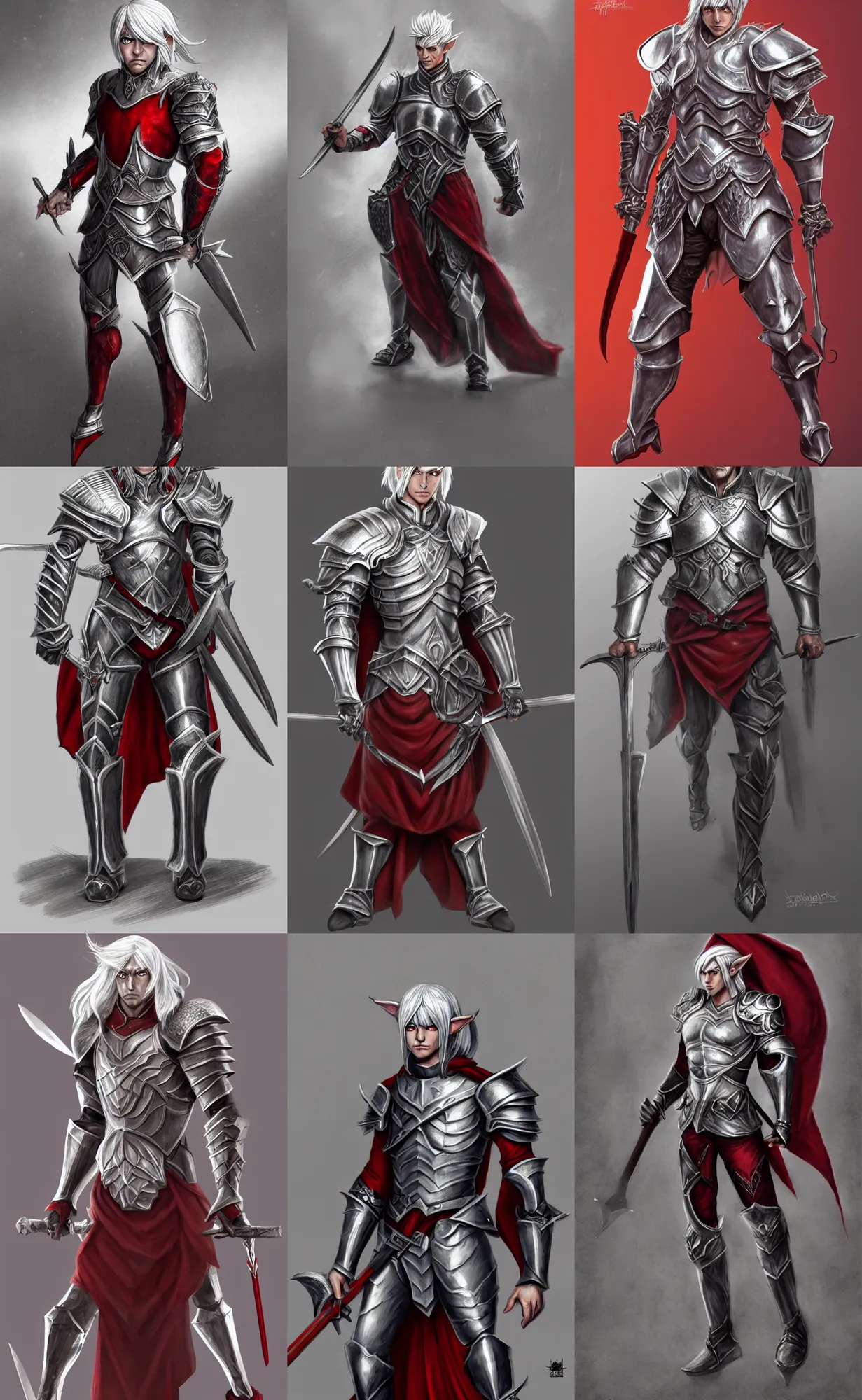 Prompt: A full body illustration of a male elf, silver hair, red eyes, heavy armor, broadsword, muscular, attractive, command presence, royalty, weathered face, gritty, hard shadows, smooth, illustration, concept art, highly detailed, muscle definition, ArtStation, ArtStation HQ