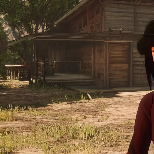 Image similar to toph beifong in red dead redemption 2, blind, character render, full body shot, highly detailed, in game render