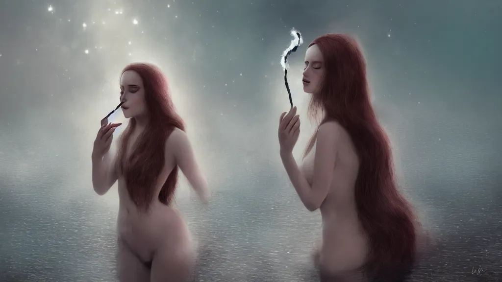 Prompt: whimsical, a single beautiful playful woman, wearing professional makeup, standing in a lake, blowing trippy smoke, under the stars, with a binary black hole with a ring in the sky, by Lois van Baarle, by Greg Rutkowski, by Ilya Kuvsninov, cinematic angle, face enhance, volumetric lighting, cinematic lighting, digital art, 4k resolution, octane render, trending on artstation, masterpiece