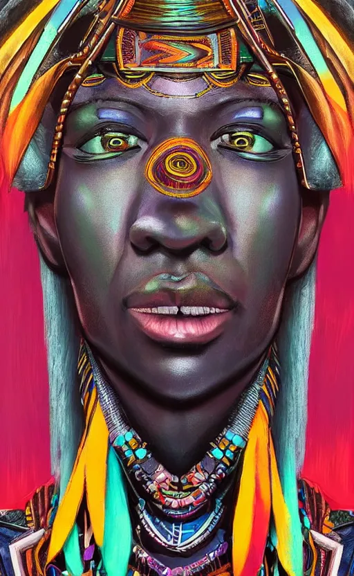 Prompt: upper half portrait digital painting of retro futuristic african tribal chief - embellished with vegetation and iridescent crystals, art by stanley artgem lau, highly detailed, digital painting, concept art, illustration, smooth sharp focus, intricate, symmetry, artstation, colourful,
