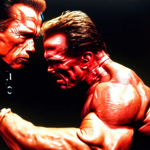 Image similar to uhd photorealisitc candid photo of arnold schwarzenegger begging a terminator not to kill him. hyperdetailed, accurate, studio lighting. photo by annie leibowitz and steve mccurry