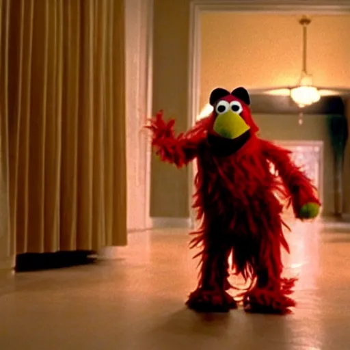 Prompt: shining but with muppets, movie still, cinematography, cinematic lighting