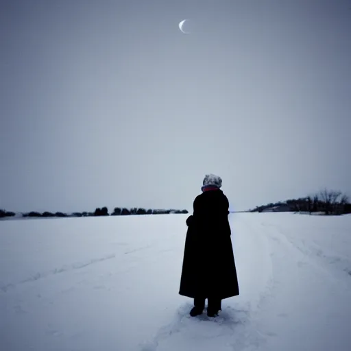 Prompt: analog photograph of an old lady on the snow at night, shadow, farm, creepy, cinematic, 8 k