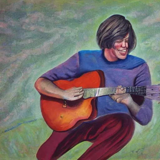 Image similar to John Sebastian playing music on stage in 1967, oil painting