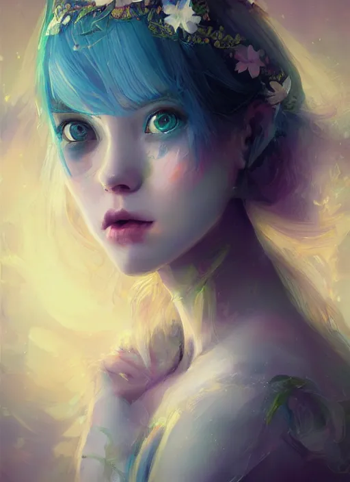 Prompt: a gorgeous flower princess portrait by WLOP, emerald yellow eyes, blue hair, digital painting, beautiful lighting, ominous, cgsociety
