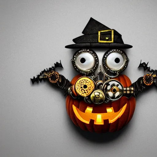 Image similar to tiny and cute halloween monster with intricate details created with pumpkin and steampunk, screws and bolts, a cog and a pearl, lit up, cinematic, 3d occlusion, isolated on white background