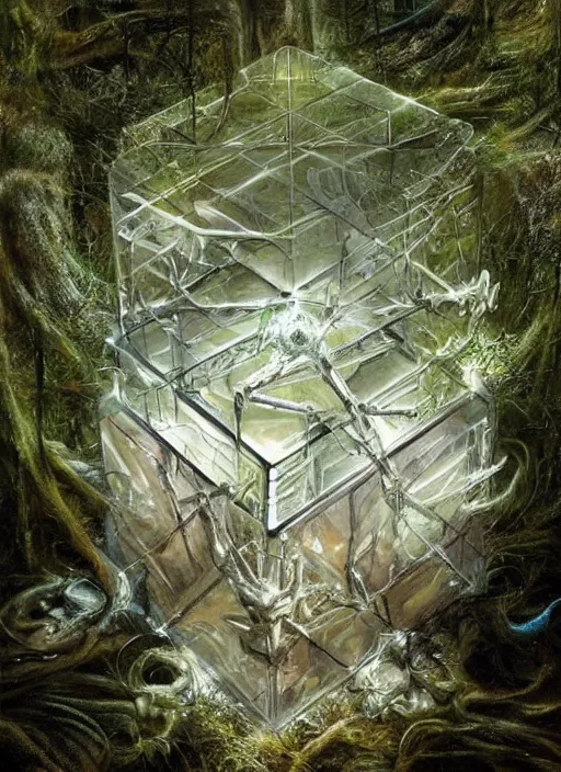 Image similar to a crystal cube in a forest, highly detailed, intricate, concept art, art station, cinematic light, realistic, ethereal light, art by H.R. Giger and sorayama