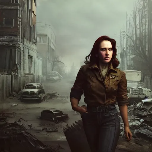 Image similar to fallout 5, charismatic beautiful rugged brunette female protagonist, portrait, outdoors ruined cityscape, atmospheric lighting, painted, intricate, volumetric lighting, beautiful, daytime, sunny weather, slight overcast, sharp focus, deep colours, ultra detailed, by leesha hannigan, ross tran, thierry doizon, kai carpenter, ignacio fernandez rios