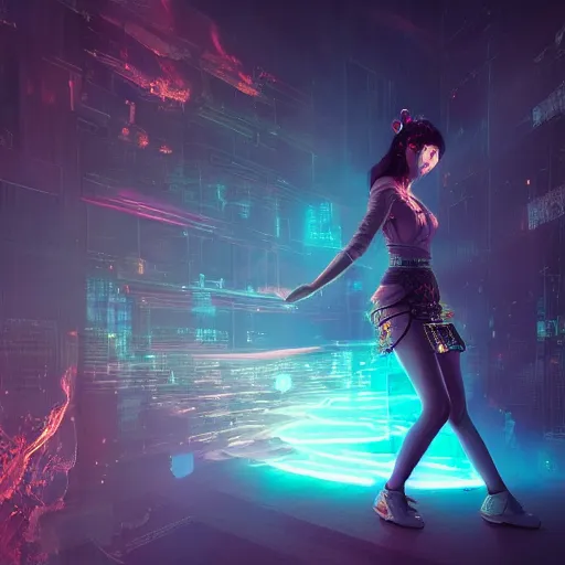 Prompt: a girl like yoona, in a glowing skirt, casting fire spell, background cyberpunk spaceship, full shot, photo, geometries, Fibonacci volumetric lighting, epic composition, intricate details, dark neon punk, by denis villeneuve and WLOP