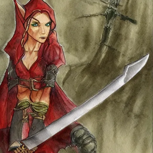 Prompt: a female elf holding a sword, a watercolor painting by tony diterlizzi, fantasy art, concept art