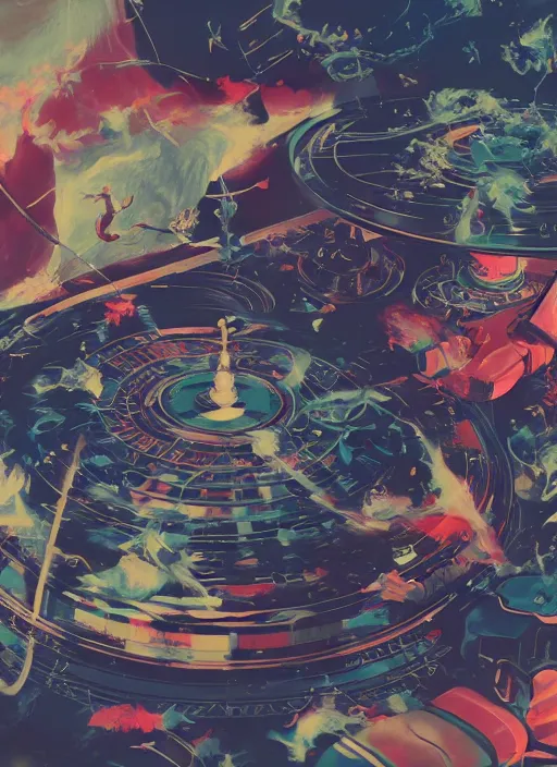 Image similar to surreal gouache painting, by yoshitaka amano, by ruan jia, by Conrad roset, by good smile company, detailed anime 3d render of a magical Vinyl Discos flying, DJ Mixer, deck surrounded by Dragonfly ,flying discos , controller, portrait, cgsociety, artstation, rococo mechanical and Digital and electronic, dieselpunk atmosphere