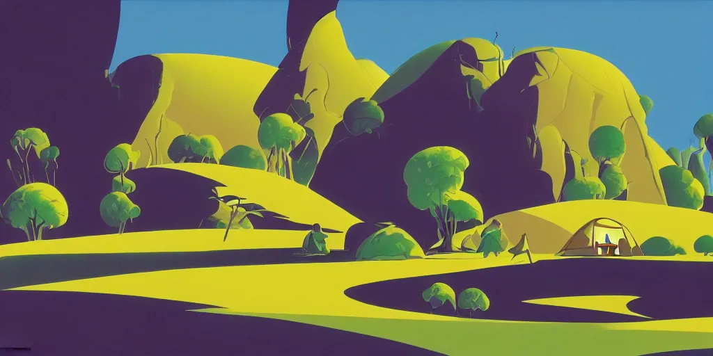 Prompt: oasis with a tent, in a desert, gouache, animated film, stylised, illustration, by eyvind earle, scott wills, genndy tartakovski, syd mead