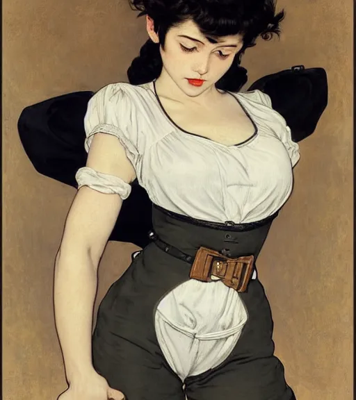 Image similar to lineart of a woman with black hair pixie cut in shorts with suspenders and white t-shirt drawn by anime, Alexandre Cabanel, norman rockwell, peter paul rubens, maler collier, frank frazetta, alphonse mucha, gustav klimt 4k, unreal 5, DAZ, french noveau, trending on artstation, octane render, hyperrealistic