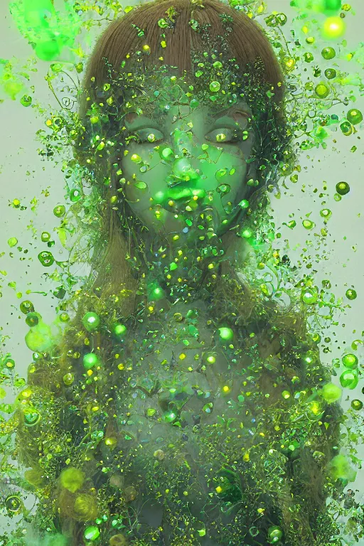 Image similar to transcending yesterday's self, vine headdress, moss patches, 2 0 mm, with pastel yellow and green bubbles bursting, voronoi, melting into lilligant, delicate, beautiful, intricate, houdini sidefx, by jeremy mann and ilya kuvshinov, jamie hewlett and ayami kojima, bold 3 d