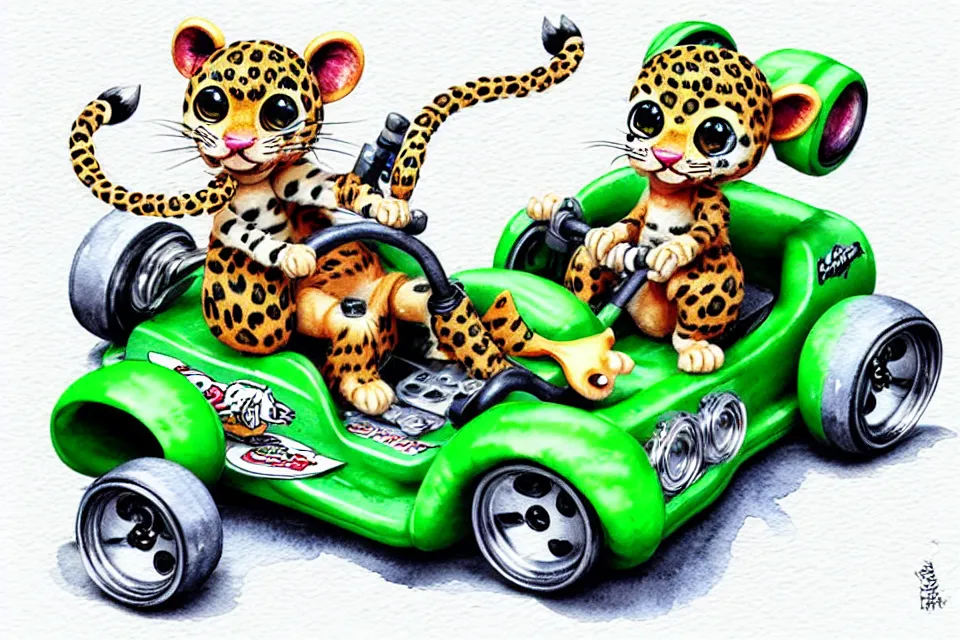 Image similar to cute and funny, baby leopard riding in a tiny go kart with oversized engine, ratfink style by ed roth, centered award winning watercolor pen illustration, isometric illustration by chihiro iwasaki, edited by range murata, tiny details by artgerm and watercolor girl, symmetrically isometrically centered