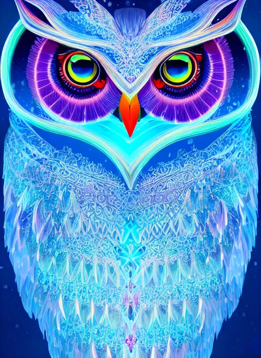 Image similar to symmetry!! product render poster vivid colors divine proportion owl, ice and snow, glowing fog intricate, elegant, highly detailed, digital painting, artstation, concept art, smooth, sharp focus, illustration,