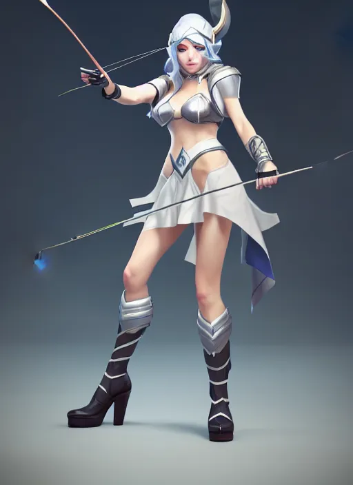 Image similar to ashe, from league of legends, shooting arrows with a silver bow, wearing nurse costume, white skirt, hyper detailed, digital art, trending in artstation, cinematic lighting, studio quality, smooth render, unreal engine 5 rendered, octane rendered, art style by klimt and nixeu and ian sprigger and wlop and krenz cushart