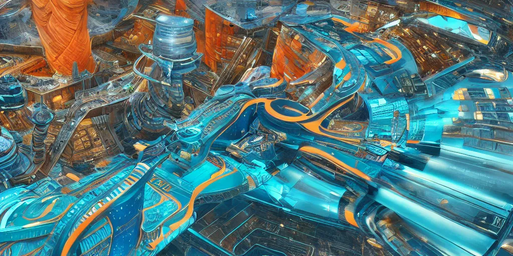 Image similar to cinematic still of hyper detailed realistic afro futurist spaceport designed by frank lloyd wright architect, retro flying aircraft cyborgs, deep perspective, wide angle, insanely detailed and intricate, teal gold and orange color scheme,