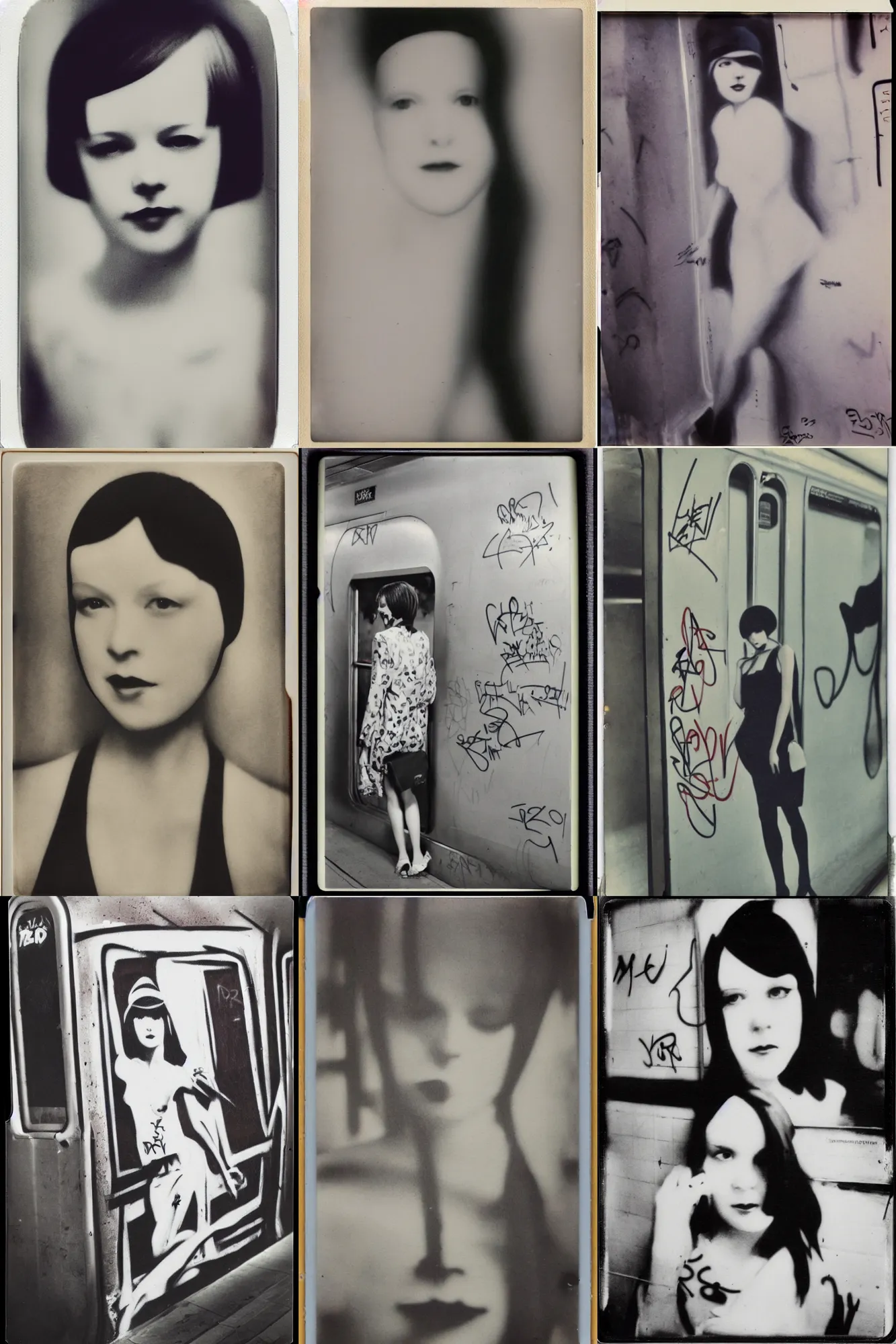 Prompt: graffiti on the subway of 2 2 yeard old mary louise brooks, graffiti by zephyr, polaroid