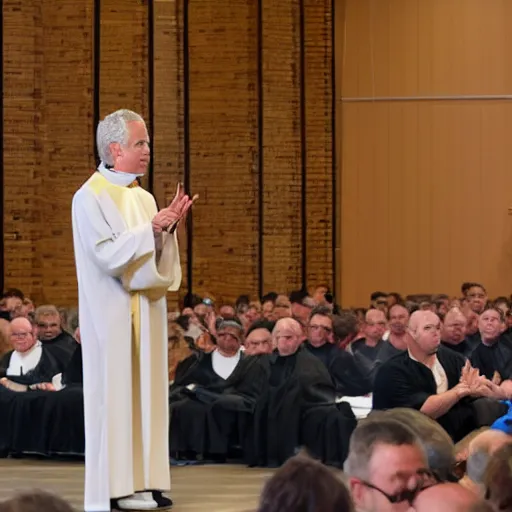 Prompt: jeffery epstein, dressed up as catholic priest, speaking to a congregation, 8 k, realistic.