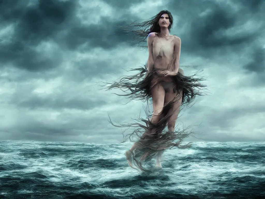 Prompt: a sea witch on a rough ocean with turbulent skies, photorealistic, by wlop, 4 k resolution