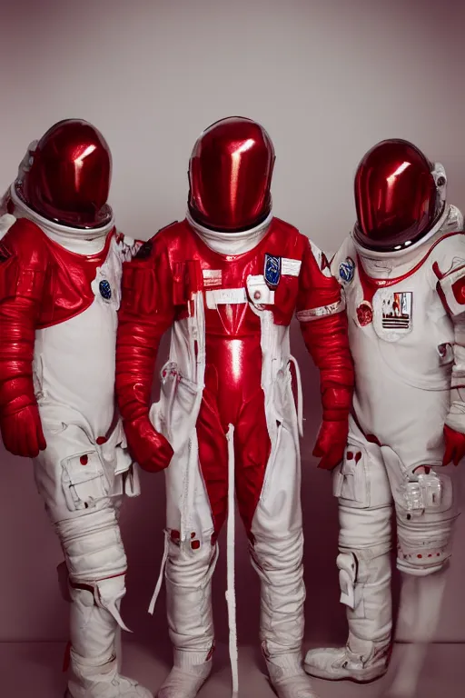 Image similar to a photography of red and white space suits designed for knights templar, golden linings, photo shoot, by annie leibovitz, sigma 85mm 1.4, glows, sharp, high contrast, octane render