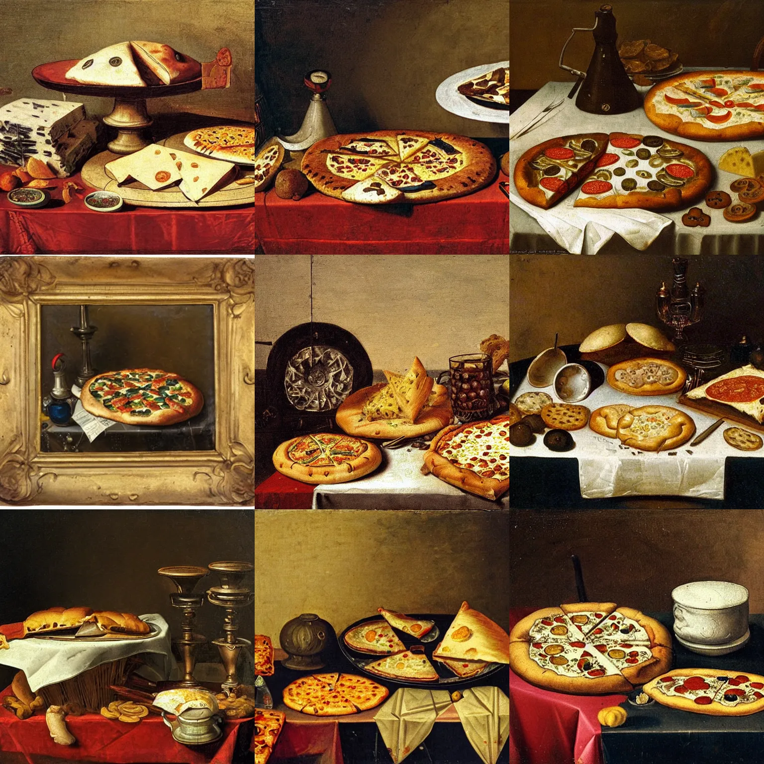 Prompt: Dutch Still Life from the 1600s, old oil painting: Table with tablecloth and pizza slices, junk food