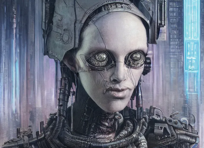 Image similar to highly detailed concept art of neuromancer characters, dystopian post - apocalyptic retrofuturistic vibe, an ultrafine detailed painting by art by hans giger and wayne barlowe, trending on deviantart, pop surrealism, whimsical, lowbrow, perfect symmetrical face, sharp focus, octane, masterpiece