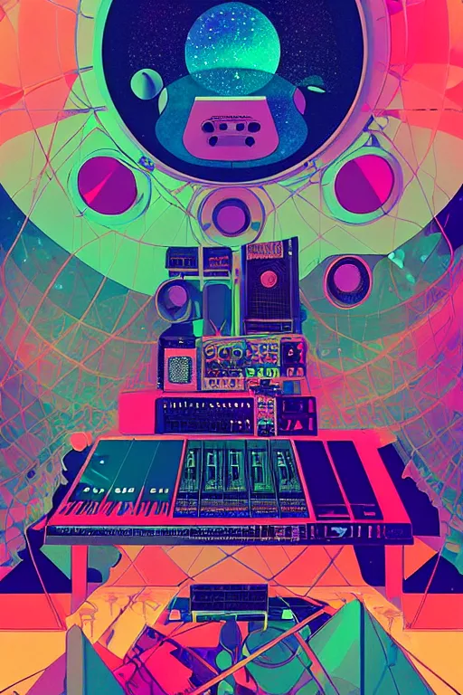 Image similar to giant speaker system and music recording studio inside the international space station filled to the brim with electronic equipment and modular synthesizers, poster art by victo ngai, ori toor, kilian eng behance contest winner, crystal cubism, poster art, cubism, tarot card, psychedelic art, concert poster, poster art, maximalist