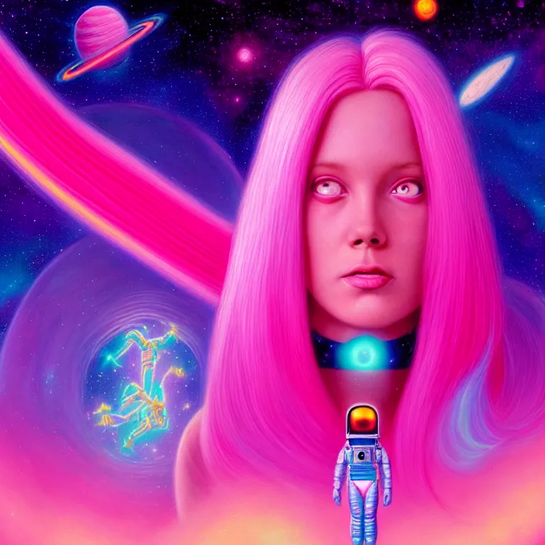 Image similar to cosmic astronaut girl pink hair, 2 0 yo, close - up, synthwave, bright neon colors, highly detailed, cinematic, tim white, roger dean, michael whelan, jim burns, bob eggleton, philippe druillet, kubrick, alfred kelsner, vallejo