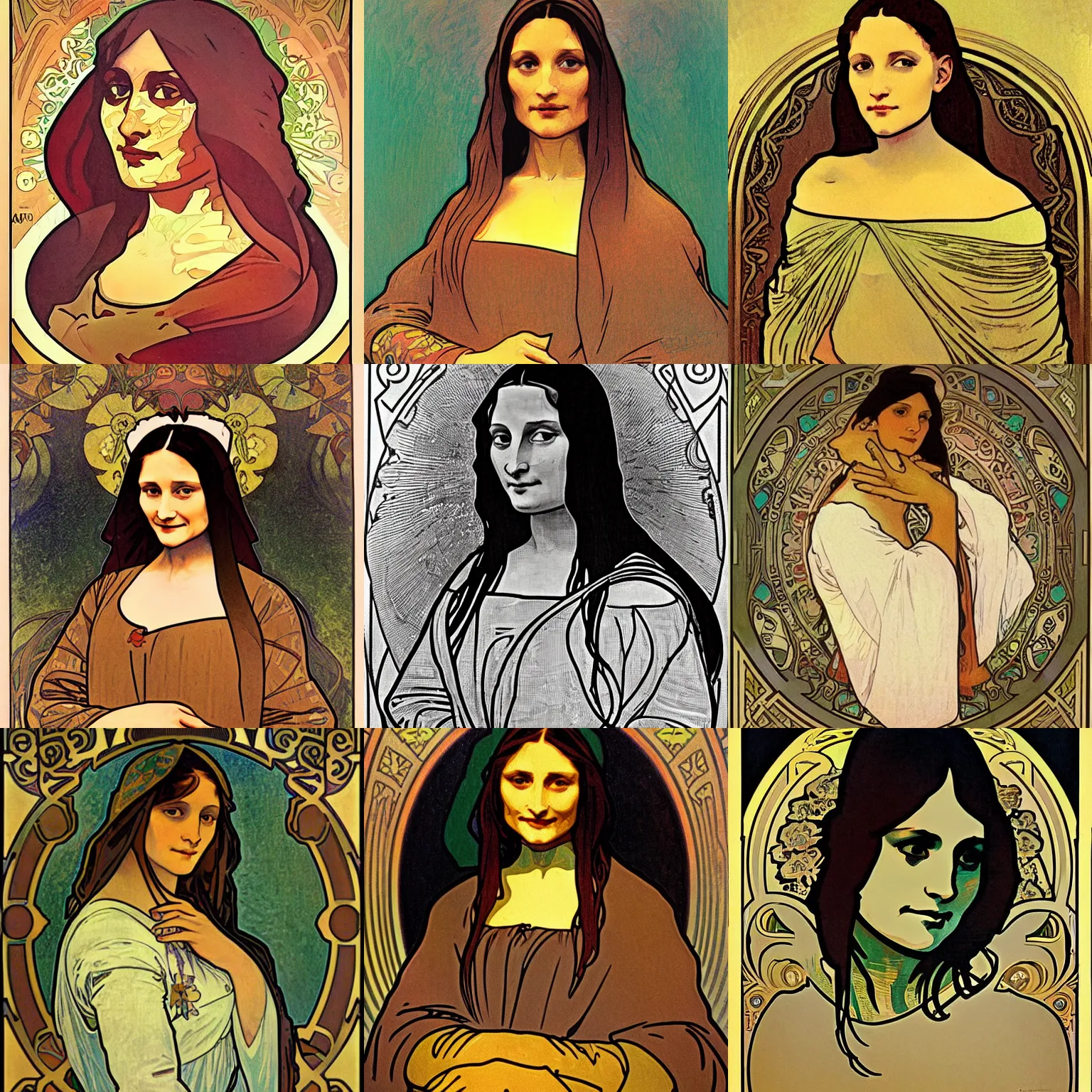 Prompt: alphonse mucha mona lisa! lisa by alphonse mucha