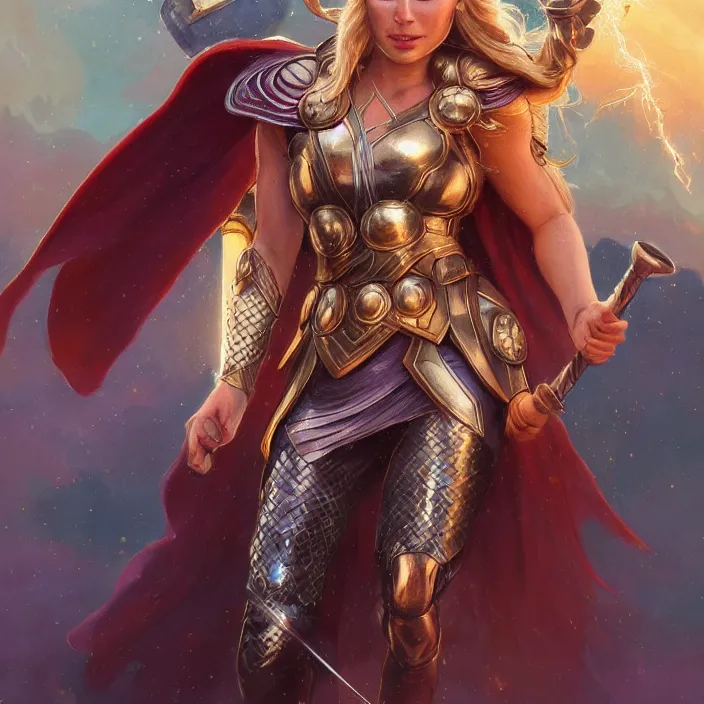 Image similar to beautiful female thor with sparkling eyes, summoning stormbreaker, highly detailed, gold filigree, fantasy, soft cinematic lighting, award, disney concept art, watercolor illustration by mandy jurgens and alphonse mucha and alena aenami, pastel color palette, featured on artstation