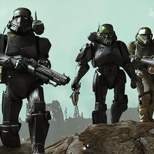 Image similar to three enclave soldiers standing in the foreground, half - life combine, fallout enclave armor, wolfenstein, killzone, deathtrooper, huge spaceship