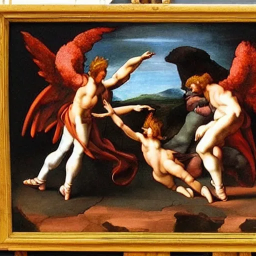 Prompt: a stunning oil painting of an angel ballerina facing off against a demon ballerina in an epic battle by michelangelo