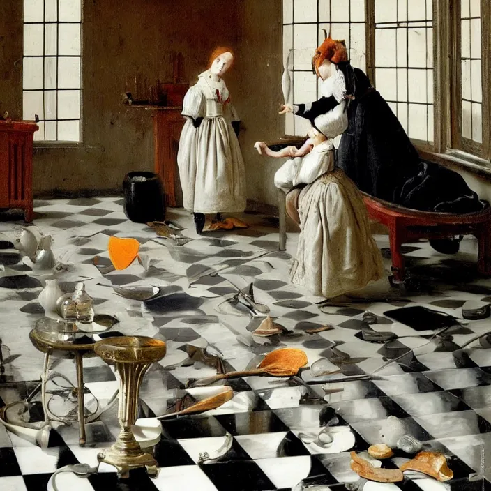 Prompt: colored painting, pieter de hooch, trending on artstation, highly detailed, black and white checkerboard floor, gigantic porcelain head statue, intricate, elegant