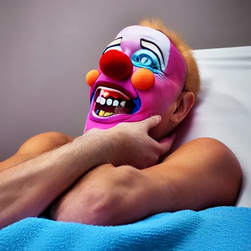 Image similar to confused laughing clown lying in hospital bed with wrist restraints on, restraint fabric straps attached to hospital bed, photograph, 8 k