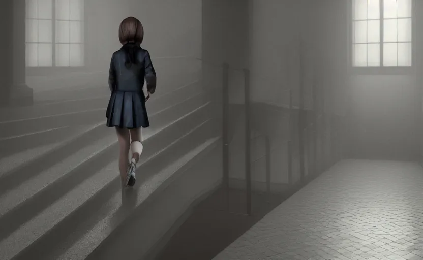 Image similar to school girl going up the stairs, gloomy and foggy atmosphere, octane render, cgsociety, artstation trending, horror scene, highly detailded