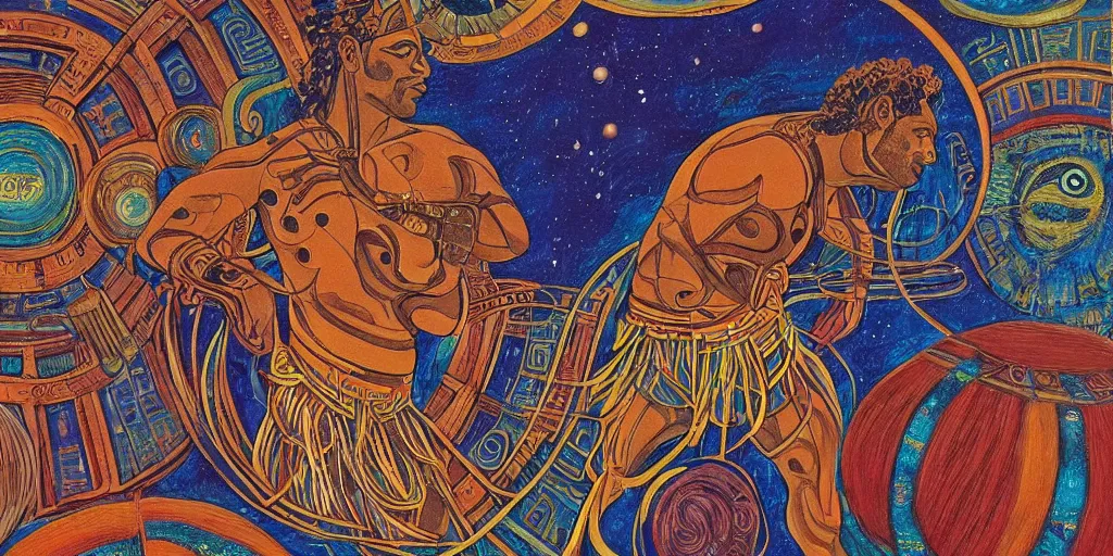 Image similar to an abstract space station background, a polynesian greek god dancing, clear eyes. 2 4 mm, photorealistic, muted color scheme, directed by mati klarwein