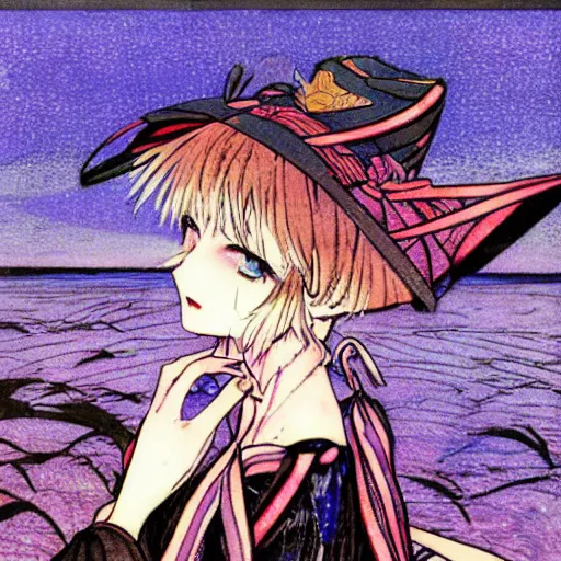 Prompt: kirisame marisa, sunset, artwork by Harry Clarke, touhou, official artwork