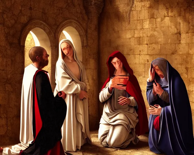 Image similar to photography of the three marys at the sepulchre, deep focus, biblical painting, illustration, art by artgerm and greg rutkowski and caravaggio