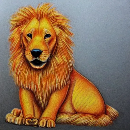 Image similar to finished drawing of a golden retriever lion, crayons. high details, cubic, artstation trending