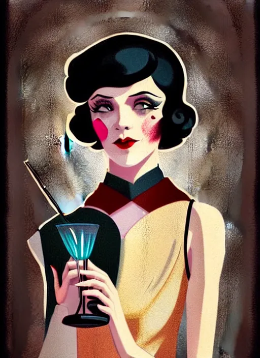 Prompt: a young woman as a beautiful barmaid, cozy dark 1920s speakeasy bar, dystopian retro 1920s soviet mood, relaxed pose, pixie cut, wild, highly detailed, digital painting, artstation, sharp focus, illustration, art by Jeremiah Ketner, vibrant deep colors, 🍸, 8k octane beautifully detailed render, post-processing, extremely hyperdetailed, Art Nouveau, masterpiece