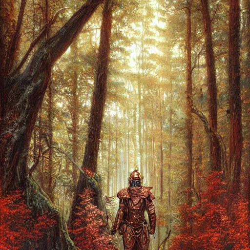 Prompt: a detailed, beautiful oil painting of a warrior wearing intricate, etched copper armor in an ancient forest, by michael whelan