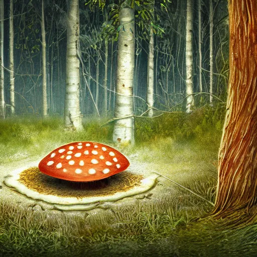 Prompt: A beautiful a picture of a single mushroom that grows on the ground with a forest with pines and birches, and a growing mycelium of the fungus is visible underground, Digital Art, Trending on artstation