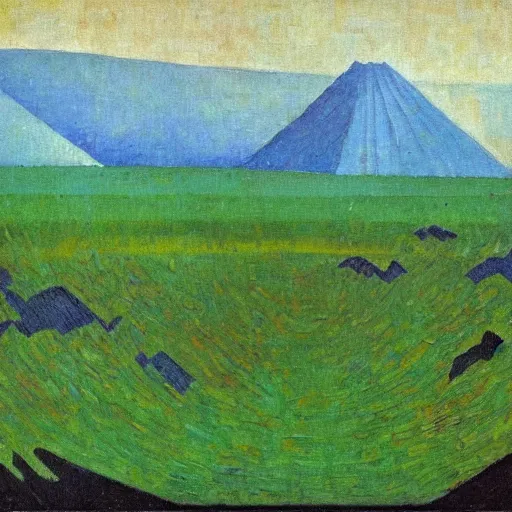 Prompt: painting of a lush natural scene on an alien planet by kazimir malevich. beautiful landscape. weird vegetation. cliffs and water.