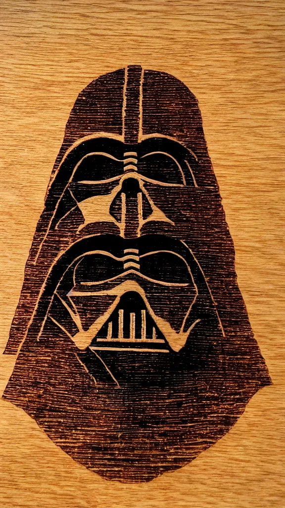 Image similar to a portrait of darth vader burned into a slice of a log. in the style of a wood burned etching. color harmony, 8 k detail, gallery quality, hd wallpaper, premium prints available, hyper - detailed, intricate design.